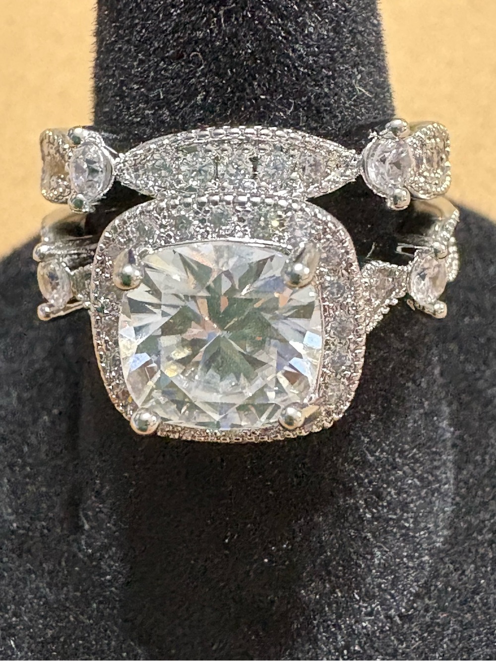Cushion-Cut Halo Silver Ring with Clear Center Stone